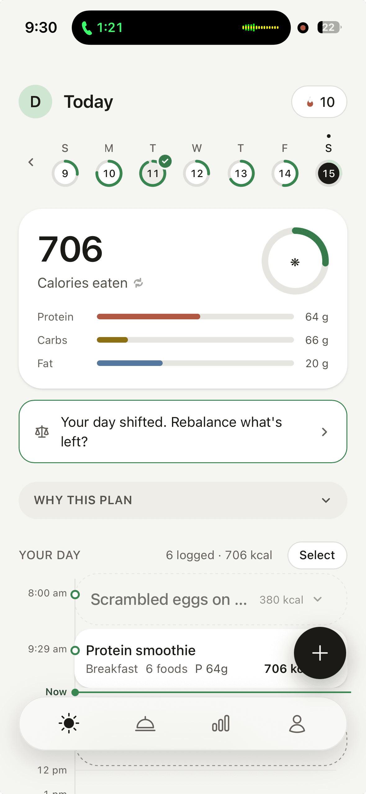 The Demi app on a phone: 706 calories eaten, protein, carbs and fat bars, and an hour rail showing a suggested breakfast and a logged protein smoothie of six foods.